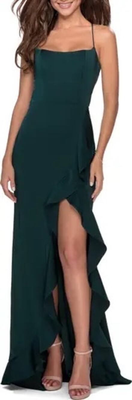 La Femme Deep Green Ruffle Prom Dress with Scoop Neck and Lace Up Back Size 2